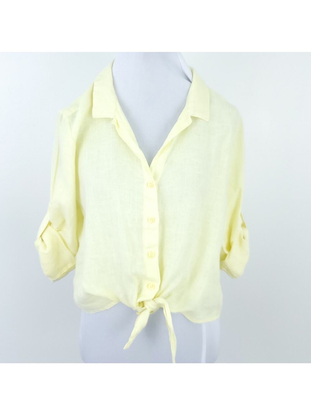 Cloth & Stone 100% Linen Shirt Medium Yellow, Tie, Button Up Roll Tab Sleeve
